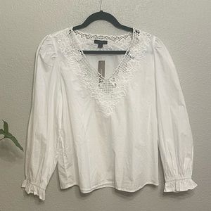 J. CREW V-neck Eyelet Trim White Blouse Top 100% Cotton Size Medium